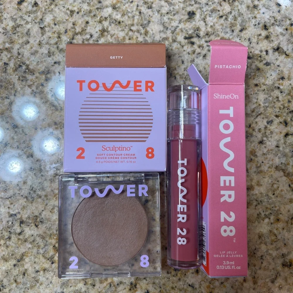 Tower 28 Sculptino Cream Contour Bronzer and ShineOn Lip Jelly Gloss Bundle Lot